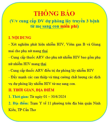 THÔNG BÁO V/v cung cấp DV dự phòng lây truyền 3 bệnh từ mẹ sang con miễn phí - TTYTNK