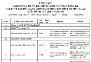 Danh sách các cơ sở y tế tại thành phố Cần Thơ nhận đăng ký Khám chữa bệnh Bảo hiểm y tế ban đầu dành cho người tham gia BHYT do tỉnh khác phát hành thẻ BHYT năm 2023.